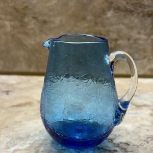 Blue Pilgrim Glass Hand Blown Small Pitcher Crackle Glass Diameter 3-7/8” T